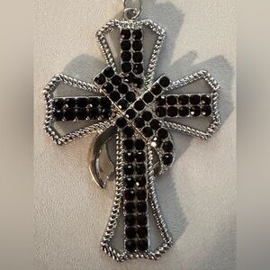 Black Rhinestones Cross Handbag Charm NIP Christian Faith Silver Tone Keychain